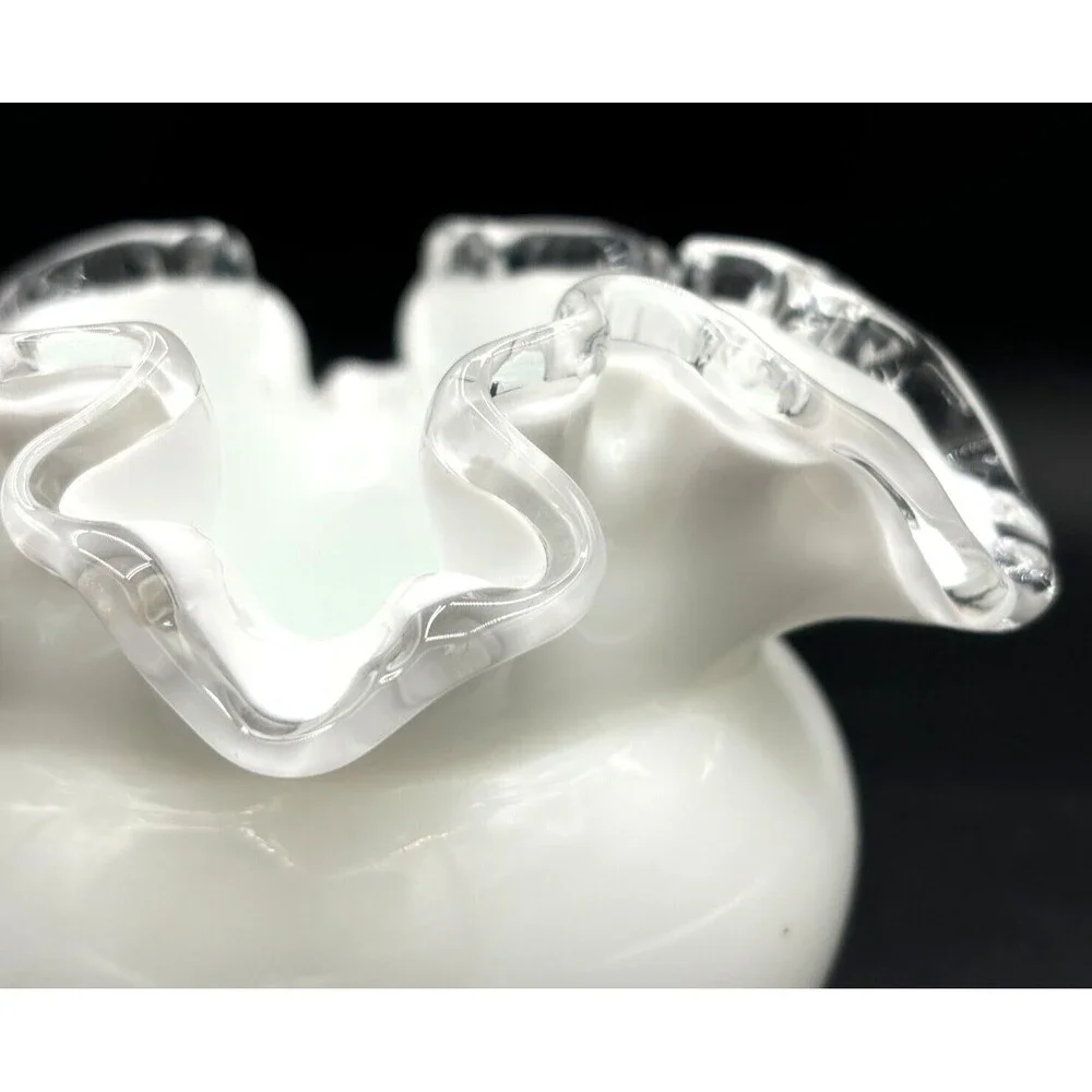 Fenton Opaque White Milk Glass Bowl Vase Small‎ Ruffled Silver Crest Clear Edged
